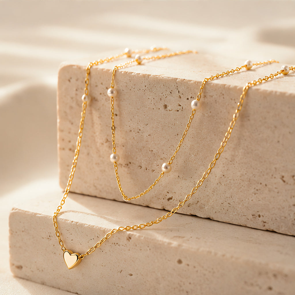 Serelle™ Essentials Heart & Pearl Layered Set – Gold-Tone Necklace & Bracelet Duo