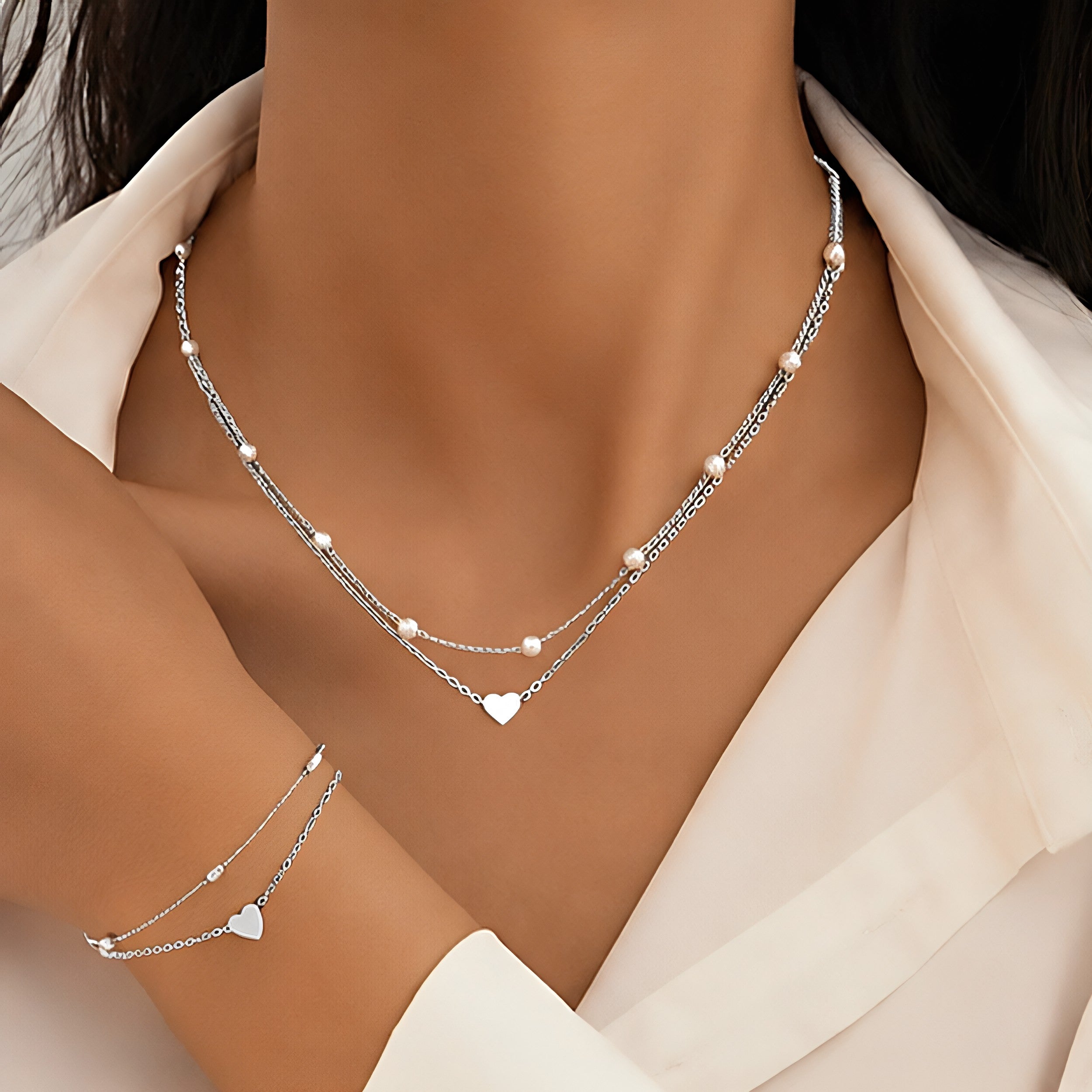 Serelle™ Essentials Heart & Pearl Layered Set – Gold-Tone Necklace & Bracelet Duo